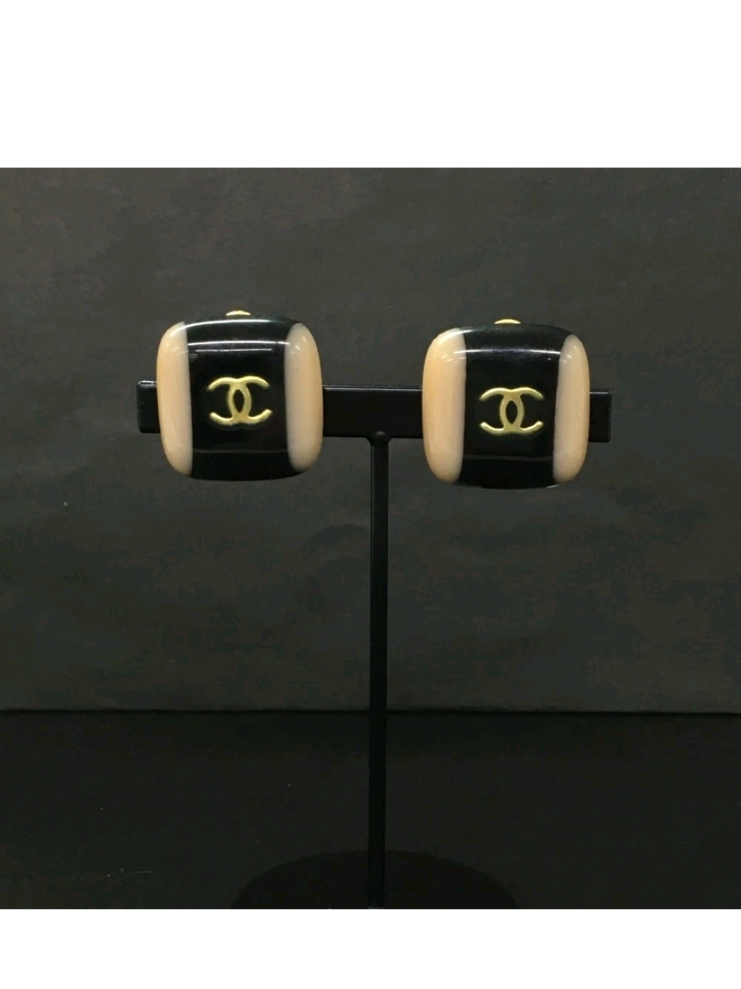 Chanel Black And Beige Cc Logo Clip-On Earrings